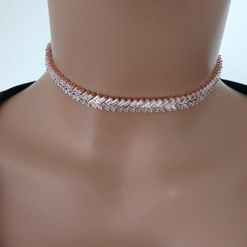 Baquette Rose Gold Choker Necklace Silver Choker 925 Sterling Silver for Women Made in TURKEY