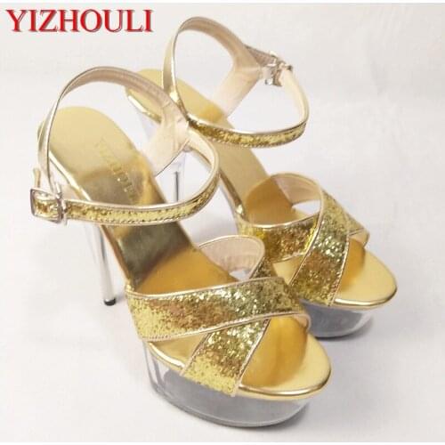 2019 gold crystal glitter sandals 15cm ultra high heels platform dance shoes small yards Gorgeous 6 inch Crystal shoes