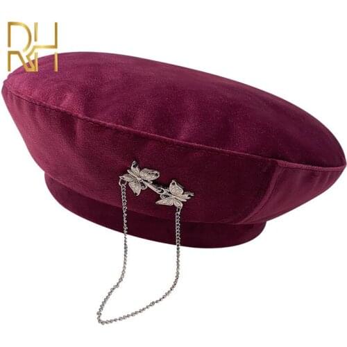 Retro Elegant Women Beret Winter Hat Butterfly Chain Octagonal Hat Wild English Suede Warm Pumpkin Hat Painter Cap