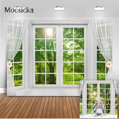 Spring Window Scenery Photography Backdrop White Windowsill Floral Green Forest Natural Photocall Background Wall Newborn Kids