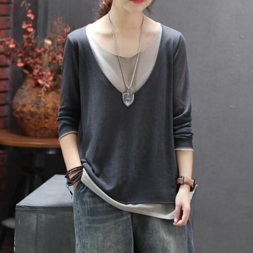 T Shirt Women Clothes 2021 New Autumn Tops Casual O-neck Seven Colors Full Sleeve Fake Two Pieces Women Tshirt