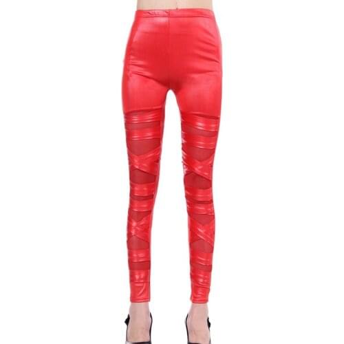 Fashion Sexy Slim Bandage pants high quality Patchwork imitation leather leggings hollow out cool Lace mesh cross legging