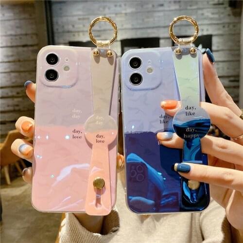 Strap Holder Blue Light Gradient Marble Blue Pink Phone Case for iPhone 8 7 Plus 11 12 Pro XS Max XR X Soft Silicon Cover Coques