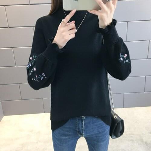 Autumn Embroidery knitted Sweater Pullover Women Half Turtleneck Fashion Ruffle Long Sleeve Clothes Loose Bottoming Shirt G813