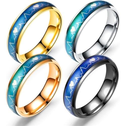 18K Fashion Couple Model Titanium Steel Color-changing ECG Temperature Sensitive Ring Mood Men and Women Pair Ring Birthday Gift