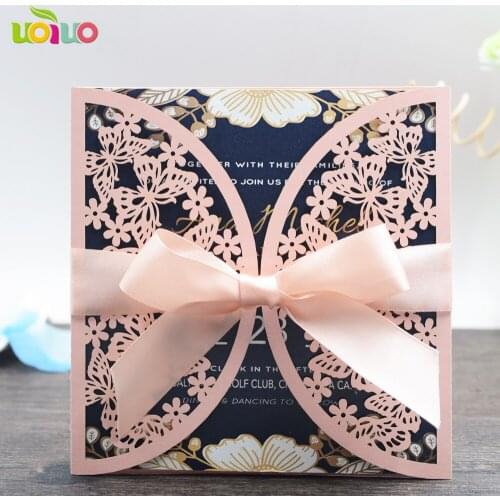 DIY customzied inc28 Laser Cut pink butterfly Wedding invitations Card ,tied incarnadine bow,print insert,envelope