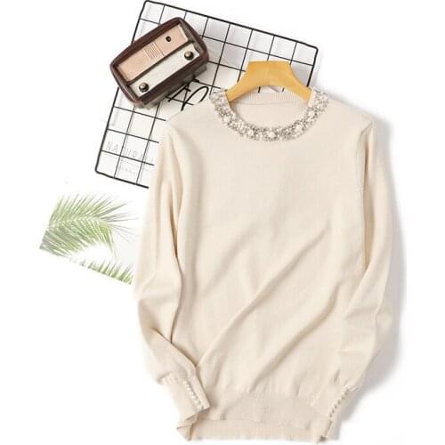 Autumn and winter new beaded pullover sweater round neck long-sleeved sweater loose and thin temperament bottoming shirt women
