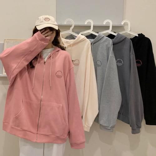 Cute Thin Zipper Hoodie Kawaii Oversize Tops Females Japan Cartoon Ulzzang Female Fashion Punk Solid Clothes Autumn Hoodie Girl