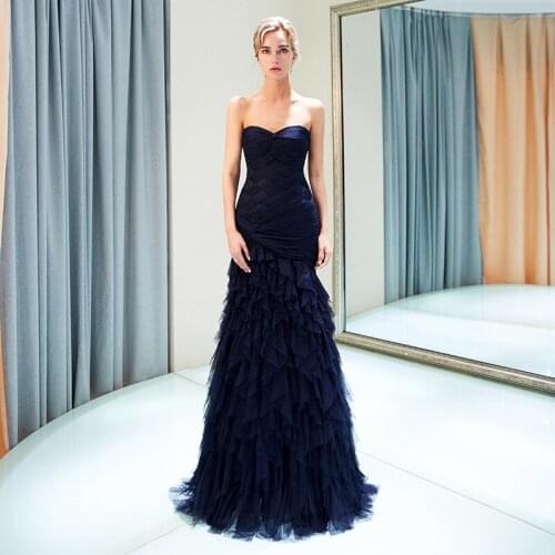 2019 Elegant Mermaid Evening Gowns Navy Blue Burgundy Formal Party Dresses Pleats Bodice Tiered Skirt Tulle Robes De Soiree