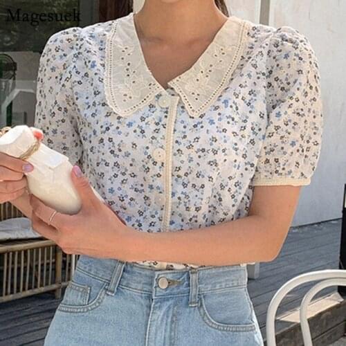New Embroidery Floral Print Shirt Women Short Sleeve Woman Blouses Korean Turn-down Collar Summer Tops Fashion Clothing 15182