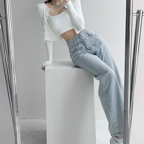TVVOVVIN High Street Breasted Washed Jeans Women Korean New Loose Do Old Casual All-match Straight Denim Pants 9G6Q