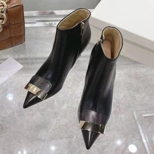 Luxury Fashion Point Toe Women Boots High Quality Thin Heels Leather Shoes Solid New Collections Ankle Zip Female Boots