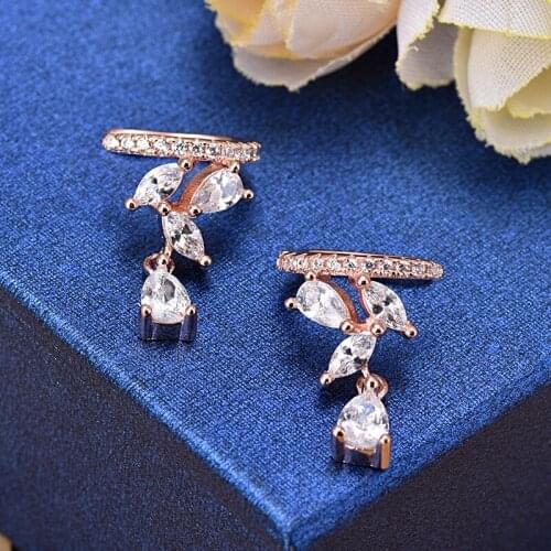High Quality Rose Gold Color Water Drop Cubic Zirconia Charms No Ear Hole Clip Earrings For Women Sterling Silver Jewelry