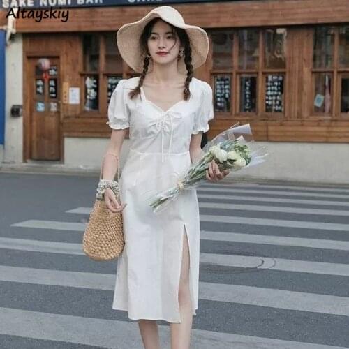 Dresses Women Puff Sleeve Solid Color Empire Basic Sweet Side-slit Square Collar Ulzzang Fashion Draw String Fit and Flare Chic