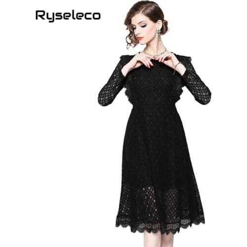 Women High Fashion Quality Crochet Floral Cutout Long Sleeve Casual Lace Dress Sweet Eyelashed Ruffles White Black Midi Vestidos