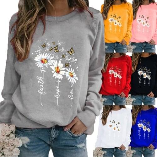 Winter Womens Daisy Printed Tops T-shirt Ladies Round Neck Long Sleeve Casual Sweatshirt Plus Size Blouse