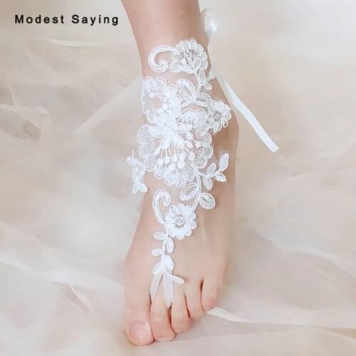 Elegant 1 Pair Ivory Applique Lace Wedding Barefoot Sandals Bridal Anklet Shoes With Hoop Toe Sandbeach Bridesmaid Foot Jewelry