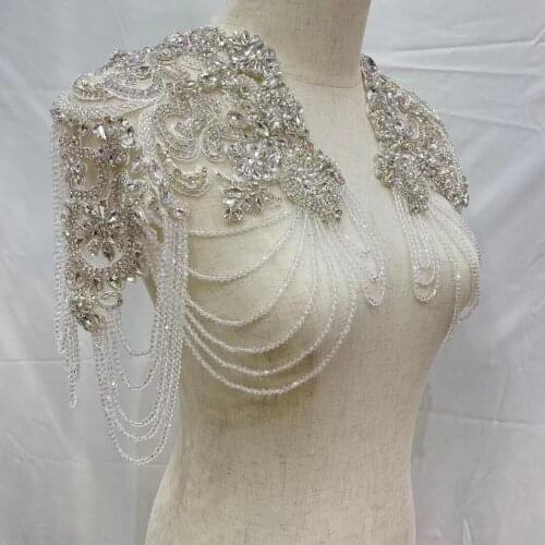 1 pair SYJ-3886814 Exquisite Clear Rhinestone Beaded Bridal Lace Applique for Wedding Sash Bridal Hair Flower Boutiq