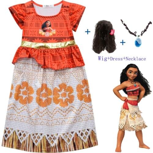 2020 Vaiana Necklace Dress for girls Moana Princess Dresses Kids Party Cosplay Costumes With Wig Children Clothing Moana clothes