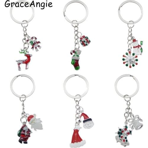 6pcs Santa Claus Key chain & Key ring Key Holder Bag Dec Christmas Gift Tree Color Stocking Snowflake Enamel Sock Hat 8cmColor