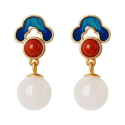 925 Sterling Silver Pin Original Design of New Products Gold Plated Natural Hetian Jade Enamel Auspicious Cloud Earrings