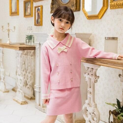 Childrens Dress Set Toddlers Girls School Clothes Sweater Pullover+Skirt 2pcs Autumn Winter Babys Bow Tops Kids Casual Dresses