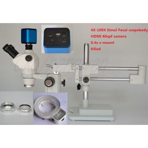 FYSCOPE 4X-100X ! DOUBLE BOOM STAND TRINOCULAR SIMUL FOCAL HEAD STEREO ZOOM MICROSCOPE+HDMI CAMERA