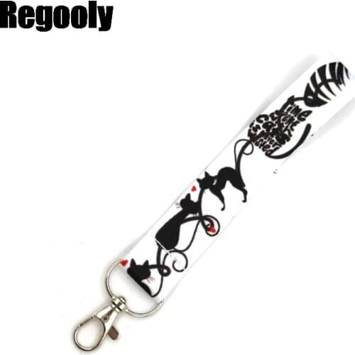 Black cat women kids Wristlet hand strap Neck Strap Lanyards ID badge card holder keychain Mobile Phone Strap Gift necklace
