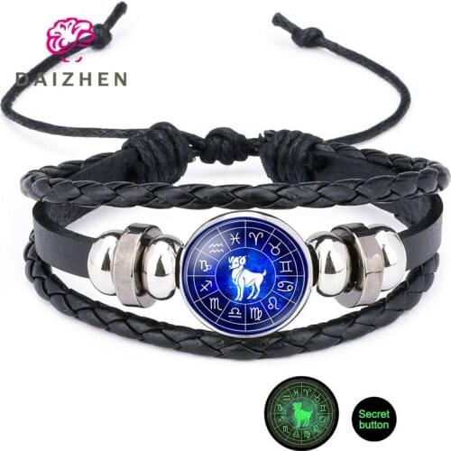 12 Constellation Zodiac Sign Black Braid Leather Bracelet Cancer Leo Virgo Libra Woven Glass Dome Jewelry Punk Men Bracelet Gift