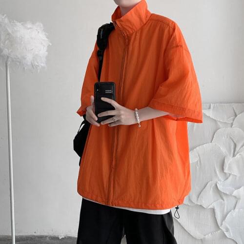 Summer Thin Shirts Mens Fashion Solid Color Casual Shirts Men Streetwear Korean Loose Short-sleeved Shirts Mens Zipper Shirts