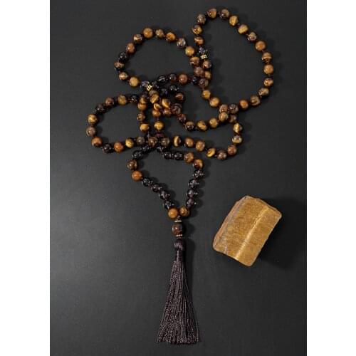 OAIITE 8mm Smoky Quartz and Tiger Eye Beads Necklace 108 Mala Handmade Knot Ethnic Bohemia Yoga Meditation Necklace for Women