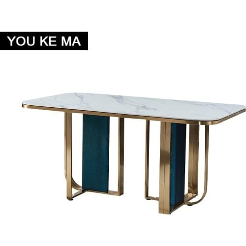 Italian luxury stone plate dining table modern simple home Villa dining table stainless steel feet rectangular dining table