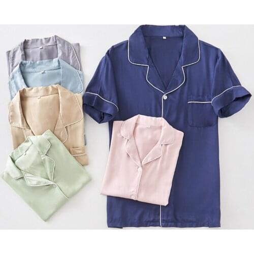 Couple Sleep Wear Pajamas 2021 100% Viscose Cardigan Short-Sleeved Two Piece Set Summer Pure Color Lapel Men and Women Home Suit