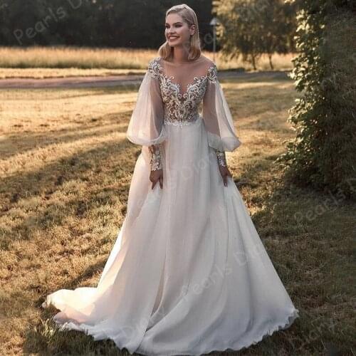 High Quality A-Line Wedding Dress Sheer Scoop Court Train Appliques bride Dress Vestido De Noiva Long Flare Sleeve Bridal Gowns