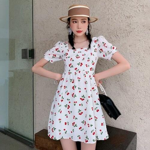 Pullover Chiffon Summer 2021 New High waist Cherry Print Mini Dress Square Collar Lace-up Backless Short Sleeve Dress 312G
