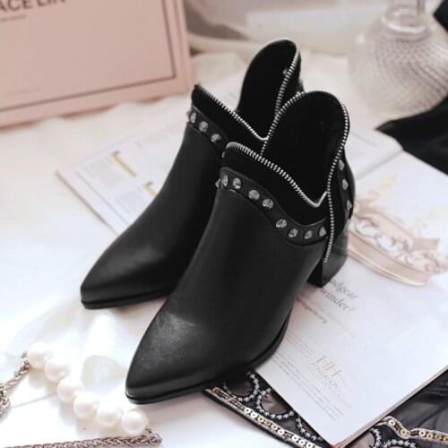 Plus Size 10 11 12 boots women shoes ankle boots for women ladies boots Metal zipper with sharp end of rivet sleeve