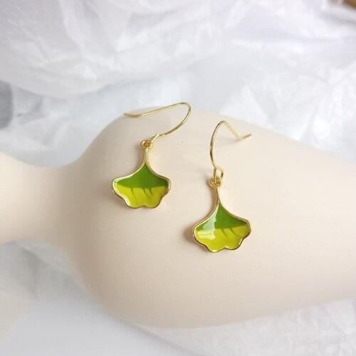 Green Leaves Clip On Earrings No Pierced Ears Hole Yellow Ginkgo biloba leaf Geometric Clip earrings Without Pierced For Girls