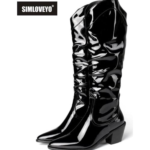 SIMLOVEYO 2021 New Shiny Patent Leather Knee High Boots Slouchy Pleated Chunky Heels Western Woman Cowgirl Cowboy Boot 46 S2349
