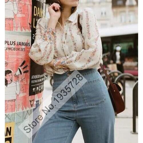 Ladies High-end Version Silk & Cotton Floral Printed Blouse Shirt T