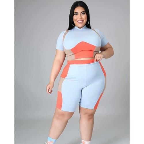 Plus Size Womens Clothes Fashion Color Contrast Printing Sports Turtleneck Tops Stretch Two Piece Suit Wholesale Dropshipping