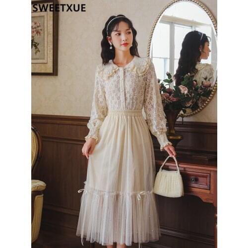 SWEETXUE Ladies Vintage Preppy Style Cute Pan Peter Collar Lace Long-Sleeved Shirt Female + Bow Mesh Skirt Fashion Suit Outfits