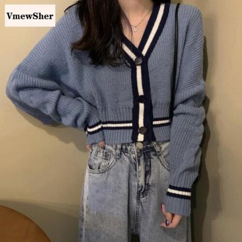 VmewSher New Elegant Color Block Sweater Cardigan Women Short V Neck Long Sleeve Knitted Top Korean Chic Striped Female Knitwear