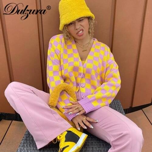 Dulzura Plaid Checkered Women Long Sleeve Sweater Coats Short Jacket Loose Oversized Casual Streetwear 2021 Autumn Winter Jumper