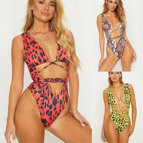2020 Women One Piece sexy Leopard Print Push up Bathing suits Bandage cross Backless Bodysuit