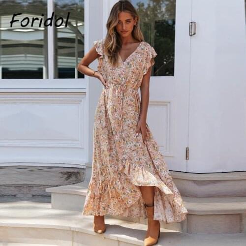 Foridol Sleeveless Casual Floral Dress Women Summer Beach Boho Long Dress Famale Maxi Dress Vintage Vestidos De Mujer New