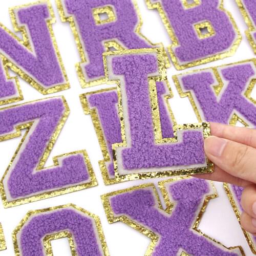 1Pcs Purple English Letter Patch Violet Chenille Gold Sequins Embroidery Patches Alphabet Iron On Patches For Clothing/Bags 80MM