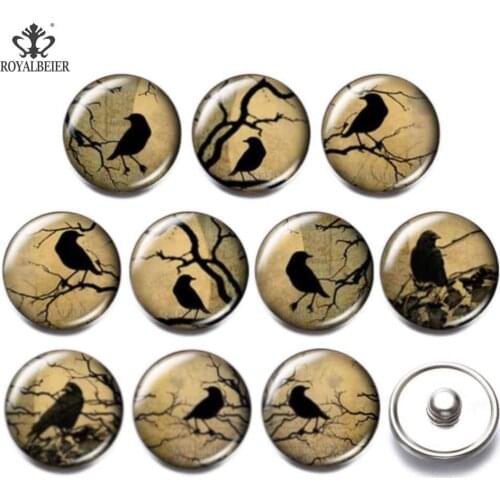 10pcs/lot Multi Styles Crow Abstract Theme Glass Charms 18mm Snap Button Jewelry For 20mm Snaps Bracelet Snap Jewelry kg0176