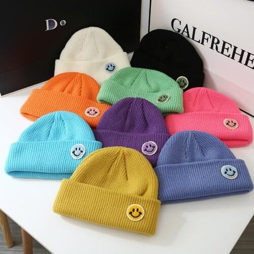 2021 Cute Smile Crochet Knit Cap Beanie Autumn New Solid Warm Skullies Beanies Caps Female Knitted Hat Women Girls Winter Hats