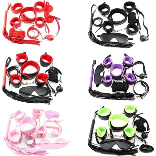 7 Pcs/set BDSM Bondage Adults Erotic Games Handcuffs Whip Rope Blindfold Mouth Gag Flirt Chastity Belt Sex Toys For Women Couple