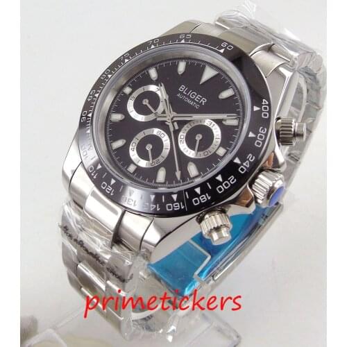 New automatic mens watch 39mm date indictor BLIGER black dial bracelet clasp self winding wristwatch